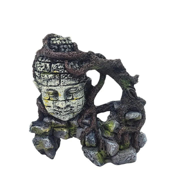Testa di Buddha in resina con radici decorative, effetto pietra antica e muschio, decorazione zen per composizioni e terrarium