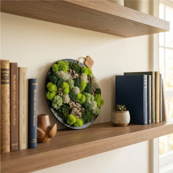 Quadro con licheni stabilizzati - quadro tondo nero appeso a parete chiara in ambiente moderno