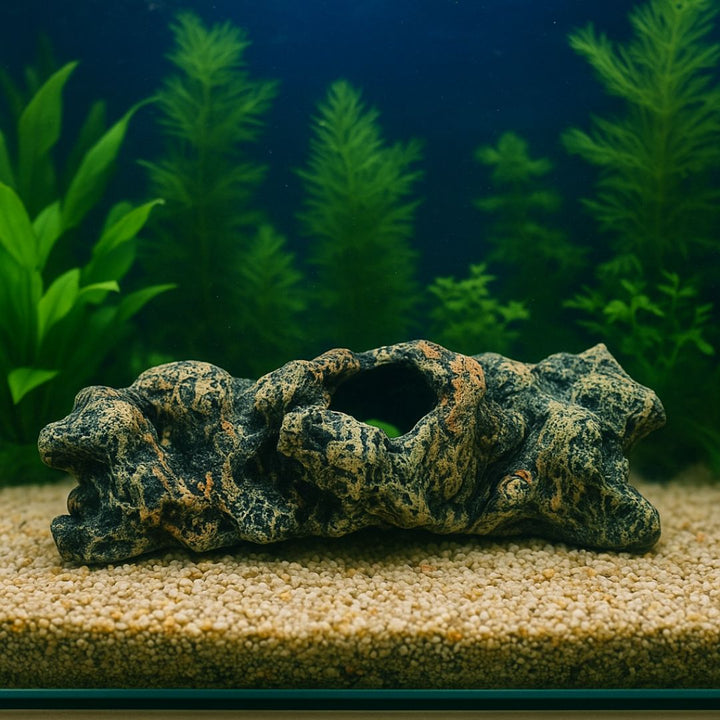 Tronco decorativo in resina effetto roccia immerso in acquario con ghiaia e piante acquatiche, rifugio ornamentale per pesci.