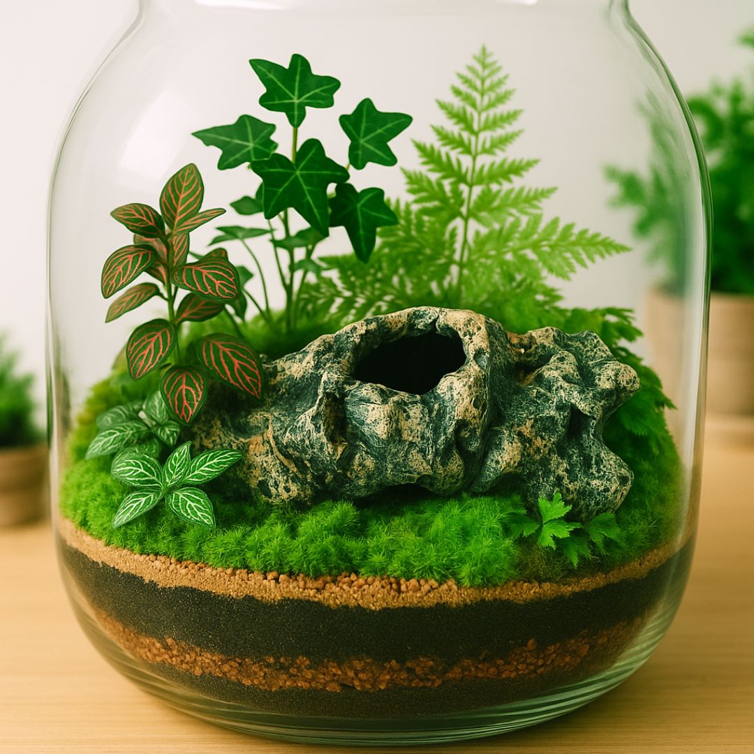 Terrarium con felci, fittonie e muschio, decorato con tronco in resina effetto roccia, su substrato stratificato in vaso di vetro.

