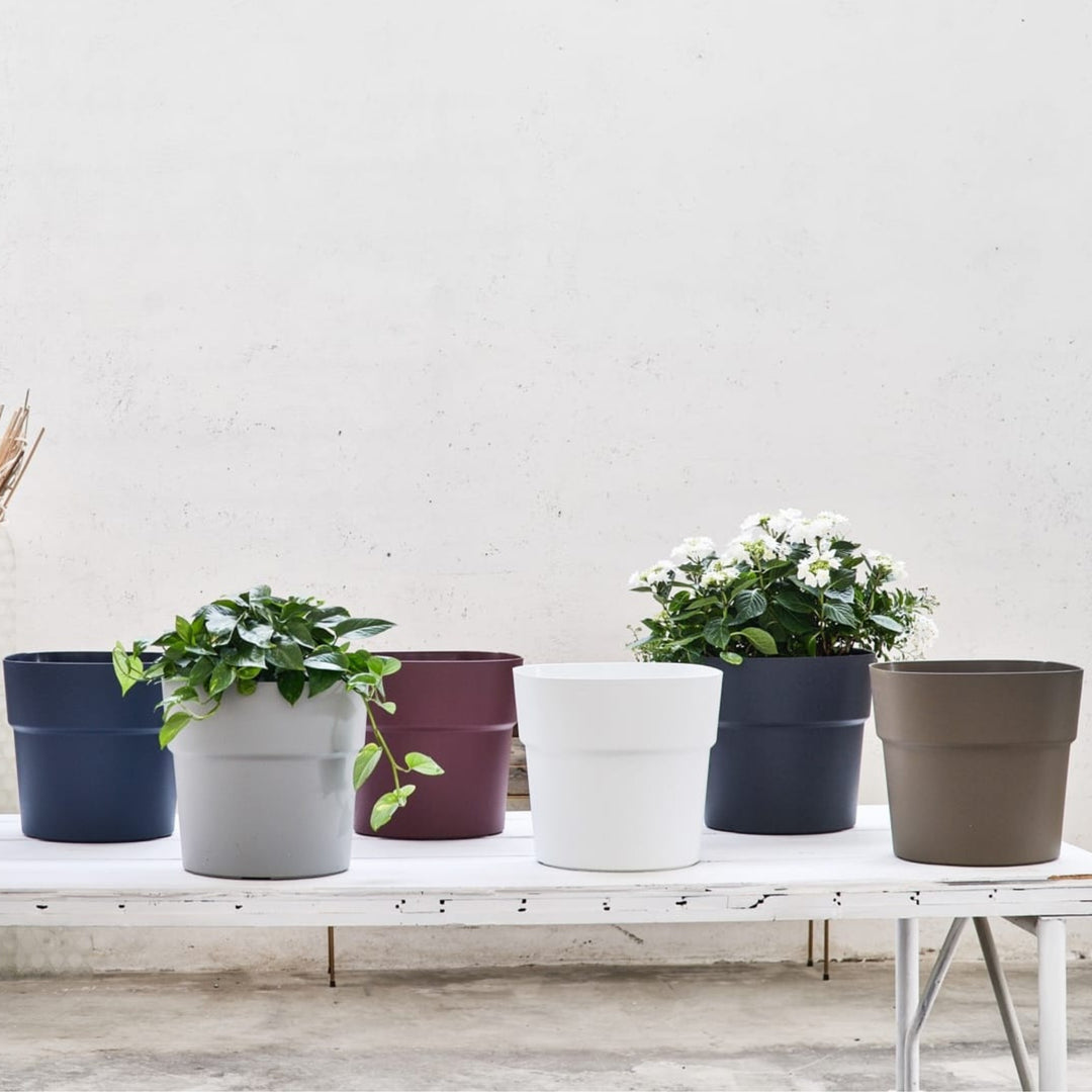 Vasi in plastica riciclata di diversi colori con piante ornamentali su tavolo bianco.