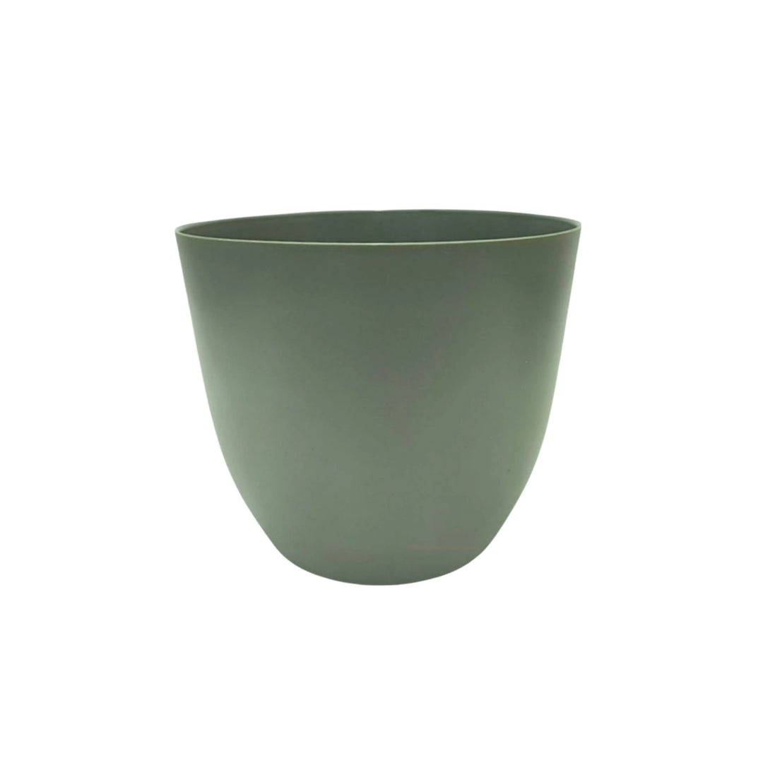 Vaso dal design minimal tondo in plastica verde rosmarino opaco, per ambienti interni eleganti e naturali