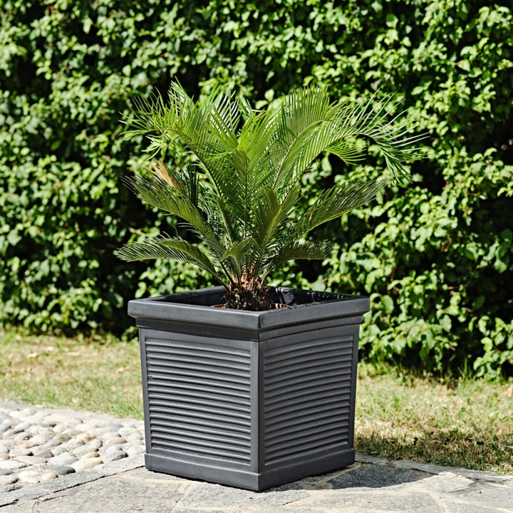 Vaso quadrato antracite con finitura rigata, contenente una palma ornamentale, posizionato su pavimentazione esterna con sfondo di siepe verde.