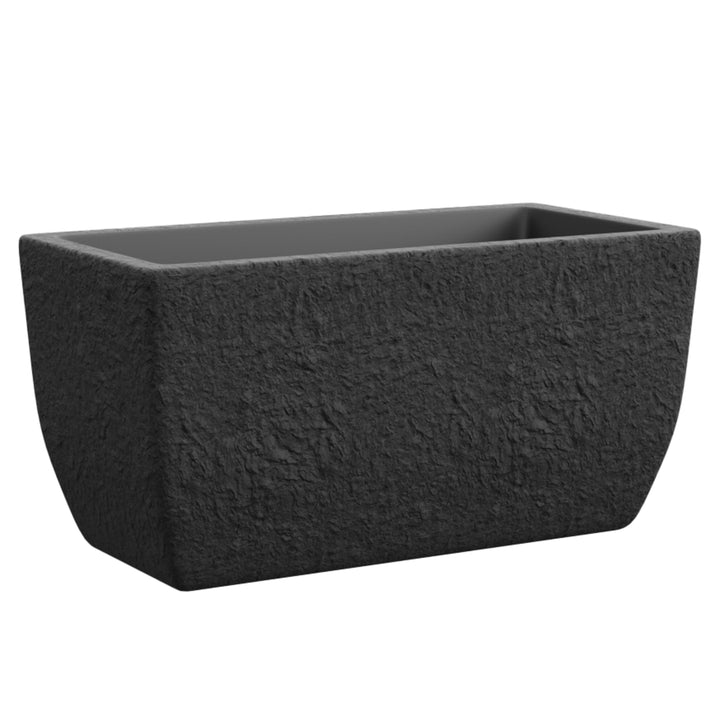 Vaso rettangolare nero effetto pietra con interno drenante, perfetto per giardini moderni o terrazzi