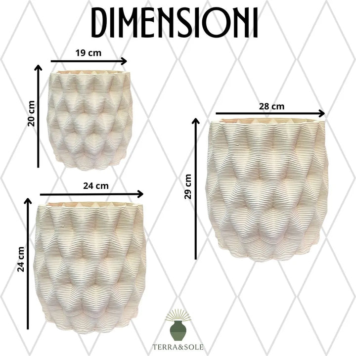 Set vasi Rua Terra&Sole in argilla bianca con misure 19x20 cm, 24x24 cm e 28x29 cm