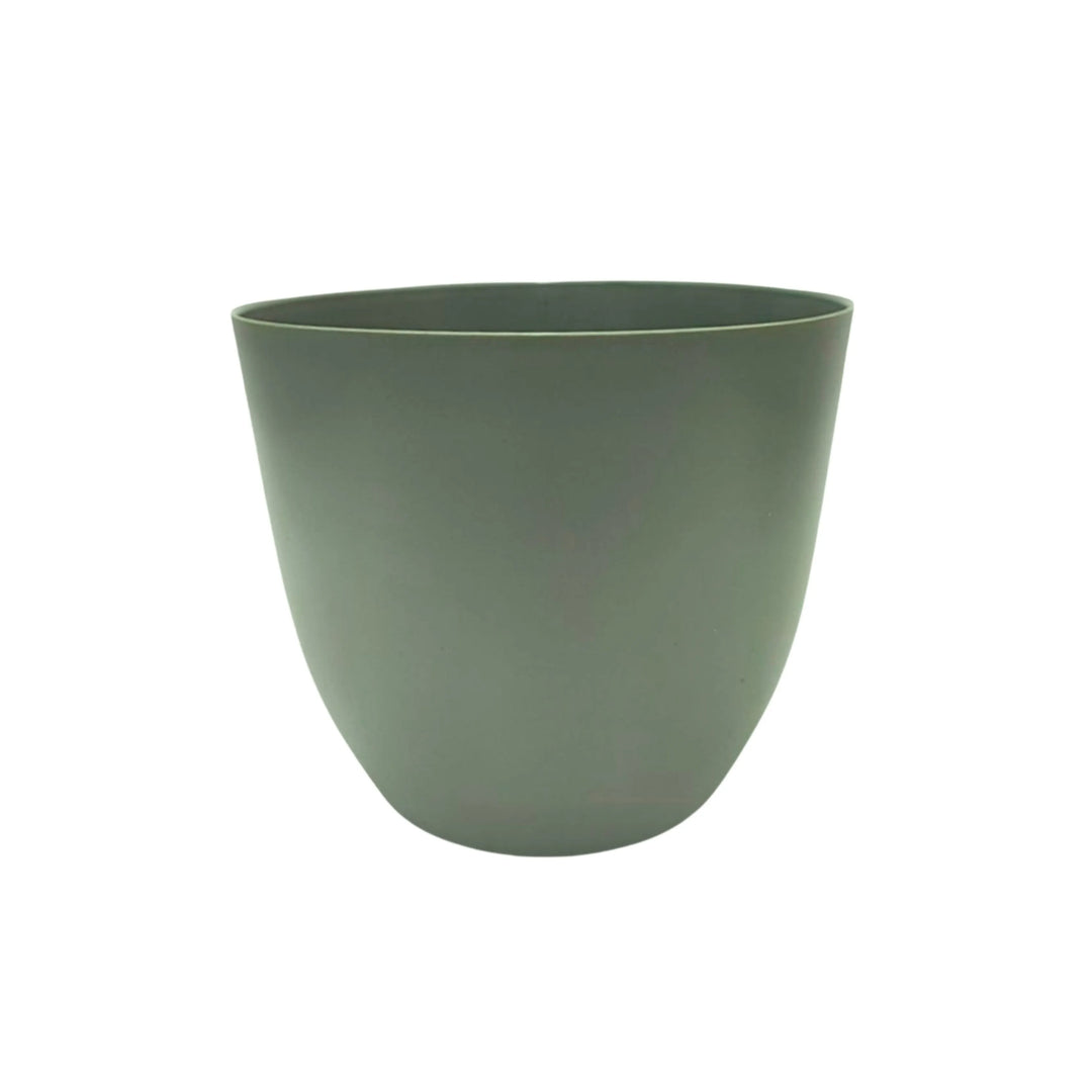 Vaso in plastica tondo verde rosmarino, finitura opaca, perfetto per arredare spazi interni in stile naturale