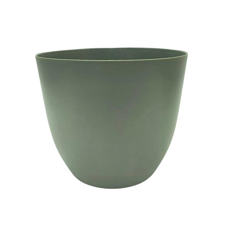 Vaso tondo verde salvia in plastica, perfetto per arredare ambienti interni con uno stile naturale e moderno