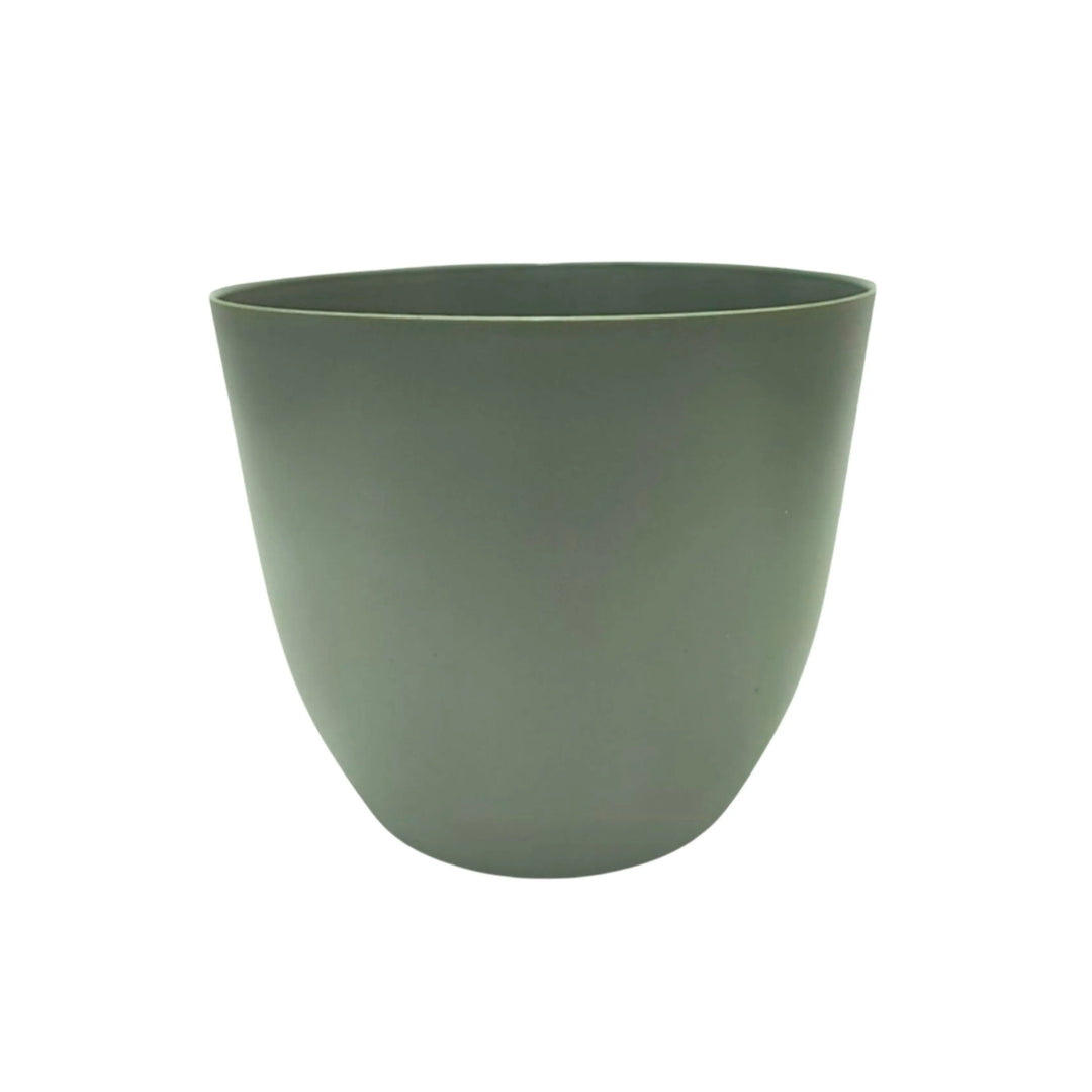 Vaso rotondo in plastica color verde rosmarino, design moderno e minimal per arredamento green.
