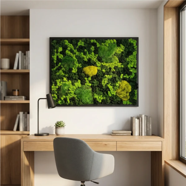 Quadro Vista Bosco - dettaglio di muschio e licheni stabilizzati con inserti in legno